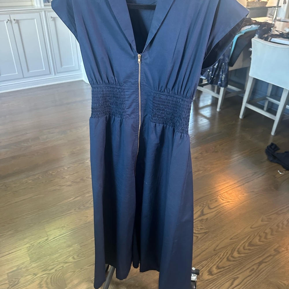 Midnight Blue cotton poplin Dress with gathered waist and Zip Detail